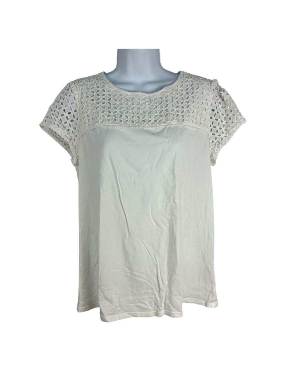 Elle Women’s Eyelet Lace Yoke Short Sleeve Top Size Large White Cotton Blend